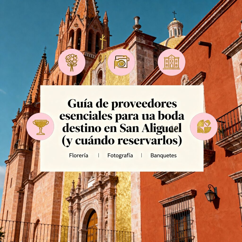 Los proveedores esenciales para una boda destino en San Miguel de Allende incluyen wedding planner, venue, catering, diseño floral, foto/video, música, transporte, hospedaje y producción. La mayoría debe reservarse entre 8 y 14 meses antes para asegurar disponibilidad en fechas de alta demanda.