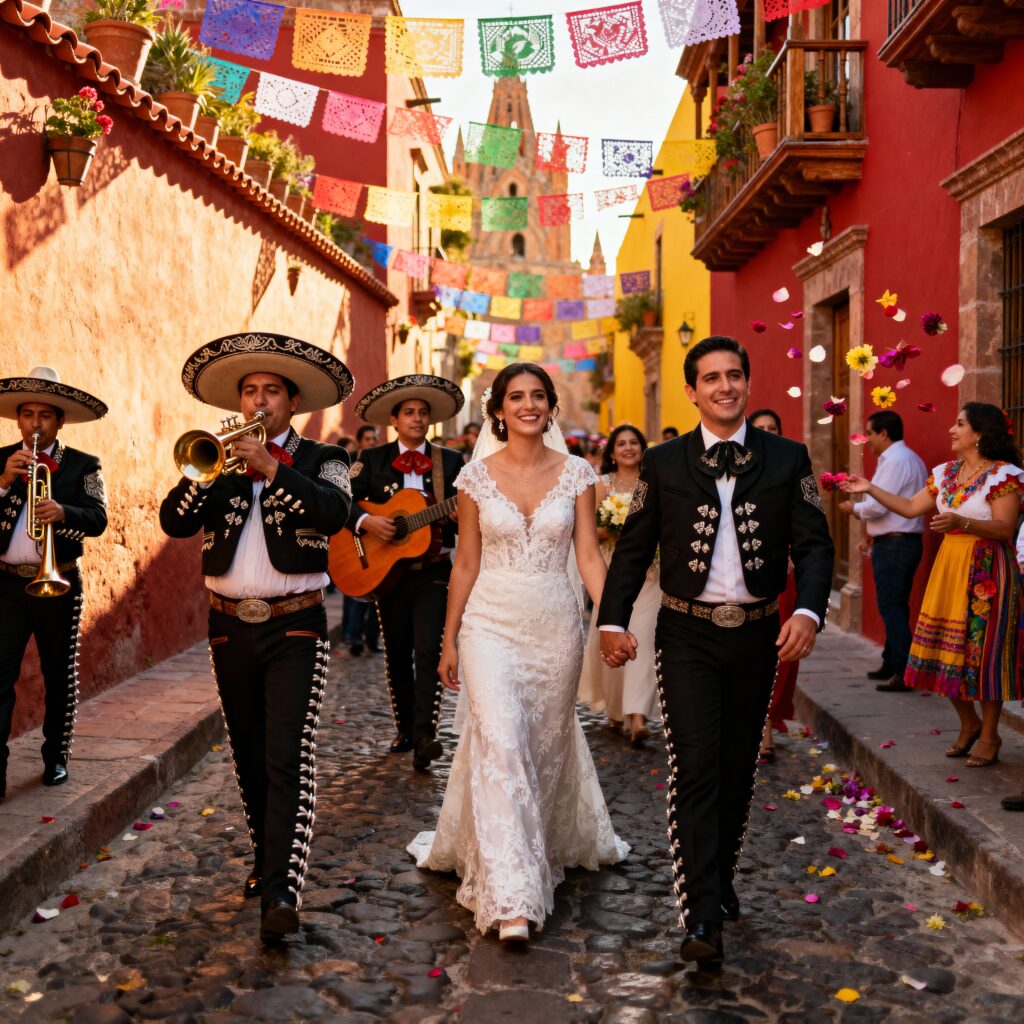 Callejoneada tradicional durante boda destino en San Miguel de Allende.