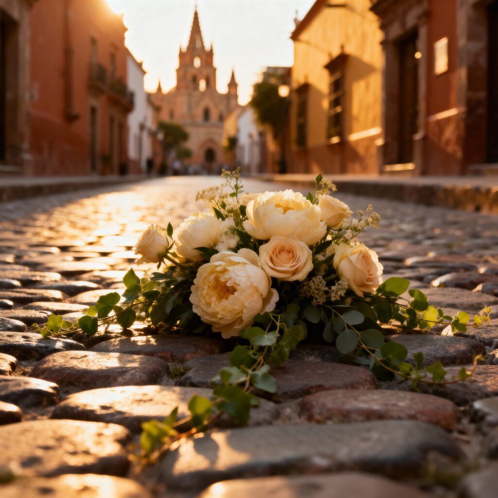 Pareja de novios caminando por calles empedradas de San Miguel de Allende al atardecer, con luz cálida dorada y detalles florales elegantes en un estilo fotográfico editorial.